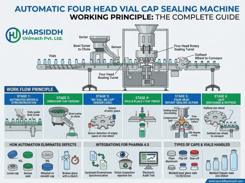 Automatic Four Head Vial Cap Sealing Machine Working Principle