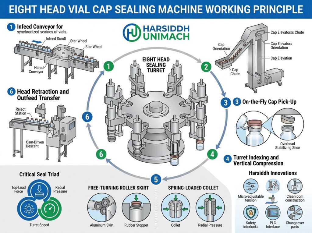 Eight Head Vial Cap Sealing Machine Working Principle
