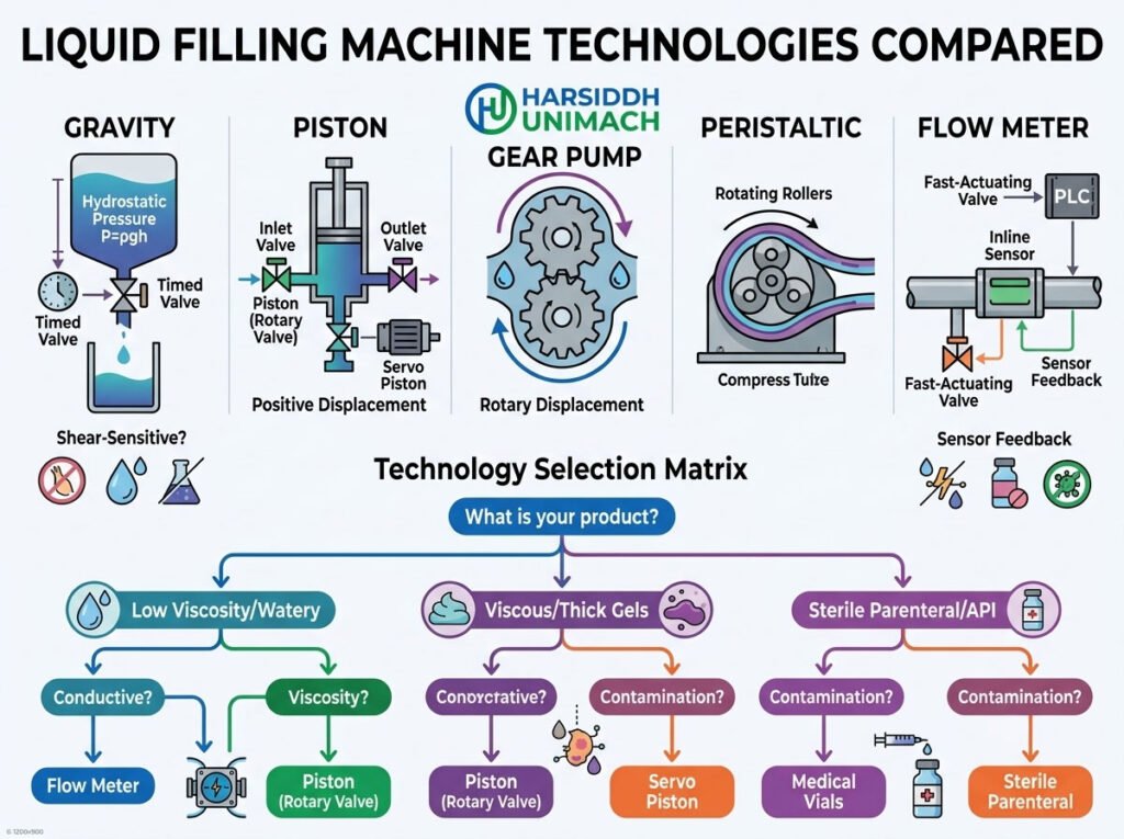 Liquid Filling Machine Technologies Compared: Gravity, Piston, Gear Pump, Peristaltic, and Flow Meter