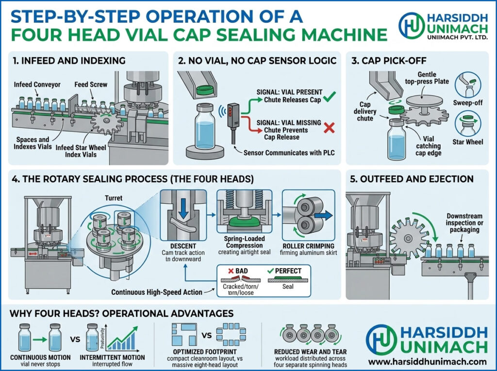 Step-by-Step Operation of a Four Head Vial Cap Sealing Machine